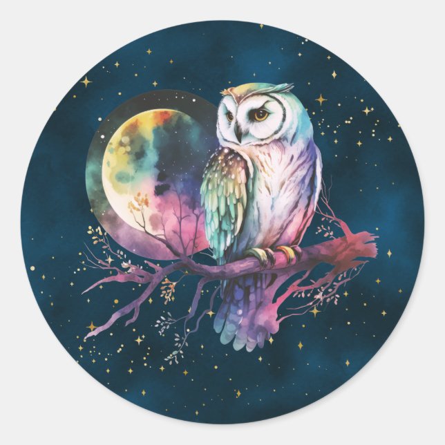 Pegatina Redonda Mystical Rainbow Owl y Full Moon Celestial (Anverso)
