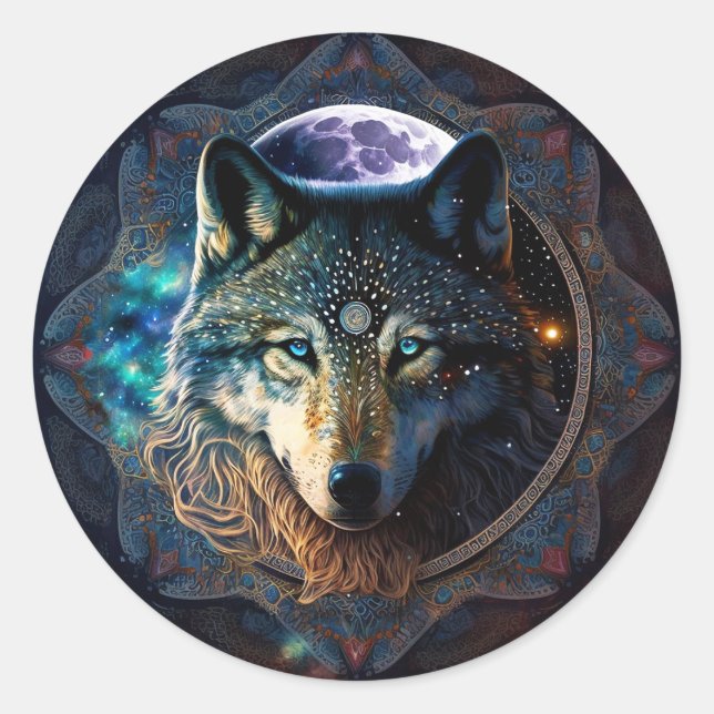 Pegatina Redonda Mystical Wolf Moon Mandala (Anverso)