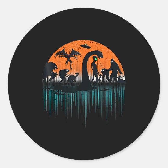 Pegatina Redonda Mythical Loch Ness Bigfoot Mothman Aliens Funny Cr (Anverso)