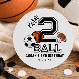 Pegatina Redonda Nacido 2 Ball Sports Theme Boy, segundo Fiesta de 