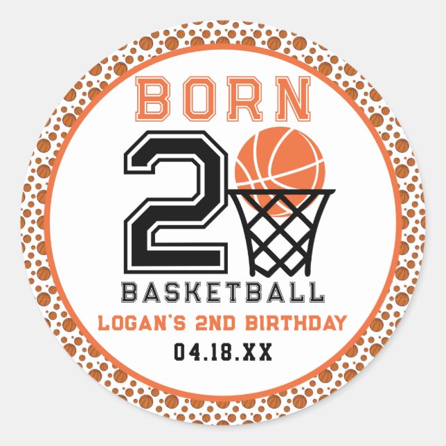 Pegatina Redonda Nacido en 2 Baloncesto | Segundo cumpleaños de Spo (Anverso)