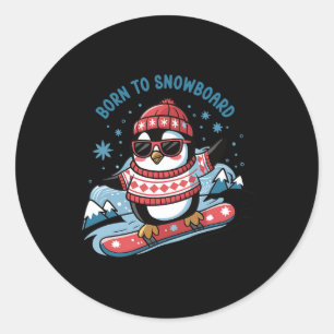 Pegatina Redonda Nacido En Snowboard Shirt Guay Penguin Snowboard