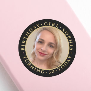 Pegatina Redonda Nacimiento Chica Nombre Edad Foto Elegante Oro Neg