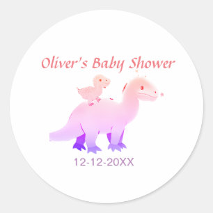 Pegatina Redonda Nacimiento de bebé de dinosaurio azul rosa rojo