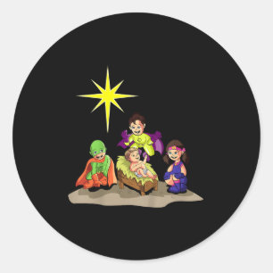 Pegatina Redonda Nacimiento de Navidad Cristiano Niño Jesús Pesebre
