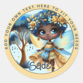 Pegatina Redonda Nacimiento de un hada africana Princesa Verde azul