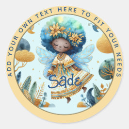 Pegatina Redonda Nacimiento de un hada africana Princesa Verde azul