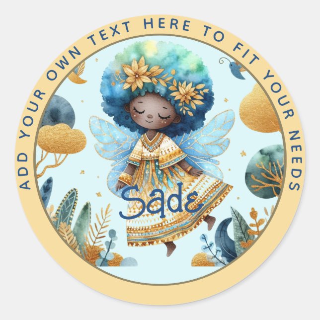 Pegatina Redonda Nacimiento de un hada africana Princesa Verde azul (Anverso)