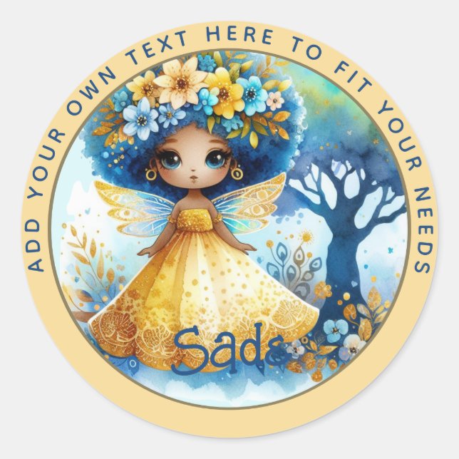Pegatina Redonda Nacimiento de un hada africana Princesa Verde azul (Anverso)