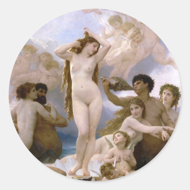 Pegatina Redonda Nacimiento de Venus por William-Adolphe Bouguereau (Anverso)