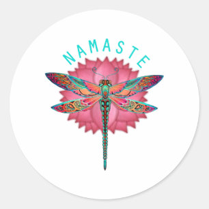 Pegatina Redonda Namaste Lotus Dragonfly Yoga