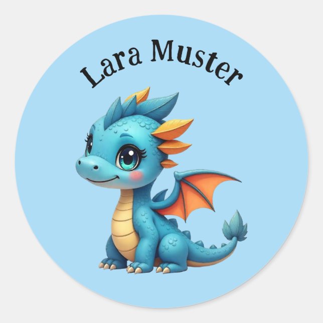 Pegatina Redonda Namensaufkleber - Babydrache blau (Anverso)