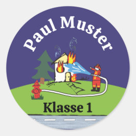 Pegatina Redonda Namensaufkleber - Feuerwehr löscht Brand - Nacht