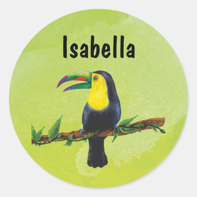 Pegatina Redonda Namensaufkleber grün - Tucan Aquarell-Design  (Anverso)
