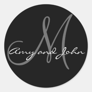 Pegatina Redonda Names & Initial Monogram Wedding Sticker Black