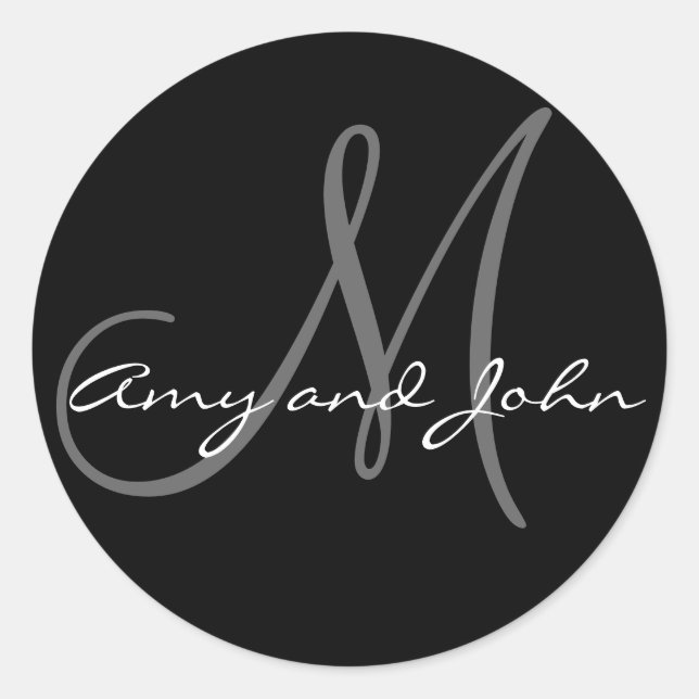 Pegatina Redonda Names & Initial Monogram Wedding Sticker Black (Anverso)