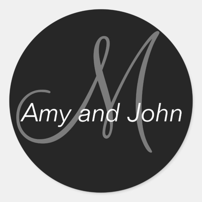 Pegatina Redonda Names & Initial Monogram Wedding Sticker Black (Anverso)