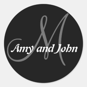 Pegatina Redonda Names & Initial Monogram Wedding Sticker Black