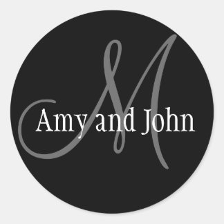 Pegatina Redonda Names & Initial Monogram Wedding Sticker Black