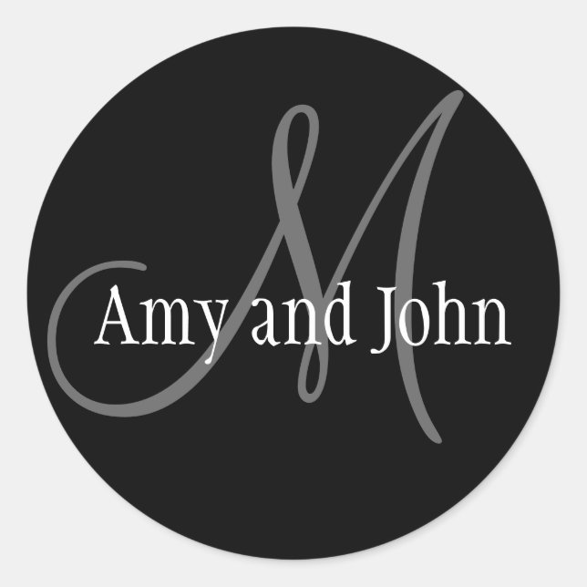 Pegatina Redonda Names & Initial Monogram Wedding Sticker Black (Anverso)