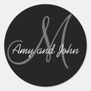 Pegatina Redonda Names & Initial Monogram Wedding Sticker Black