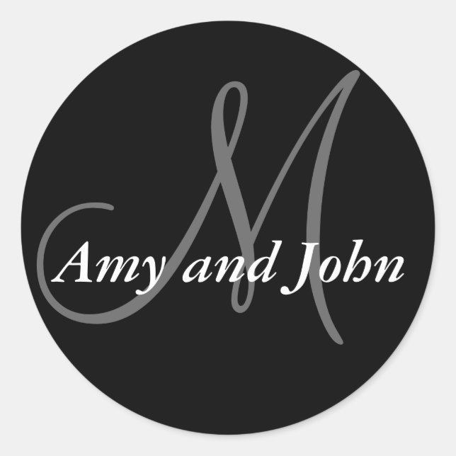Pegatina Redonda Names & Initial Monogram Wedding Sticker Black (Anverso)