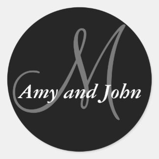 Pegatina Redonda Names & Initial Monogram Wedding Sticker Black