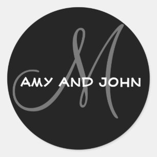 Pegatina Redonda Names & Initial Monogram Wedding Sticker Black