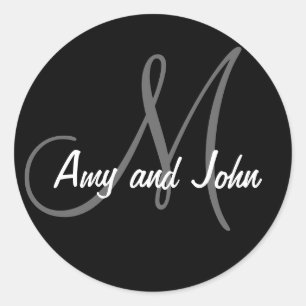 Pegatina Redonda Names & Initial Monogram Wedding Sticker Black