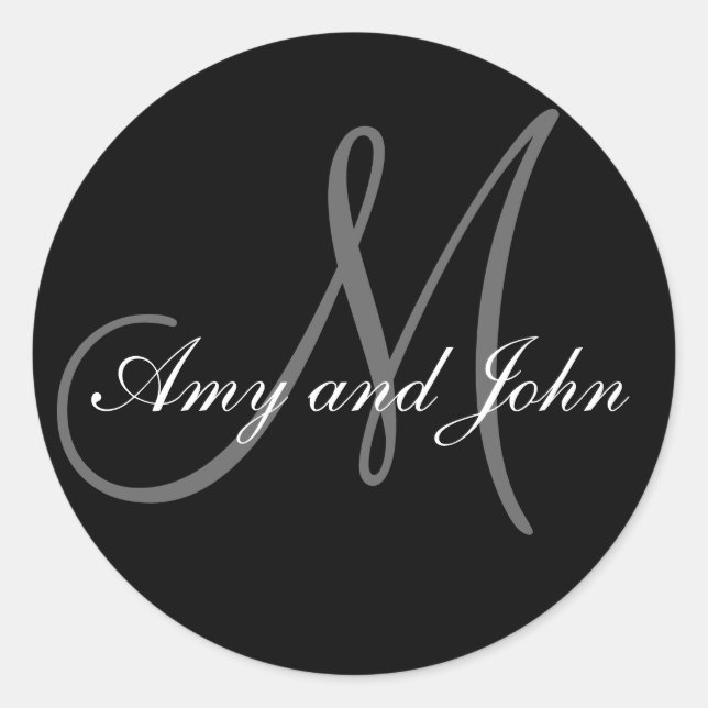 Pegatina Redonda Names & Initial Monogram Wedding Sticker Black (Anverso)