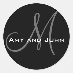 Pegatina Redonda Names & Initial Monogram Wedding Sticker Black
