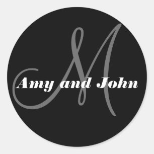 Pegatina Redonda Names & Initial Monogram Wedding Sticker Black