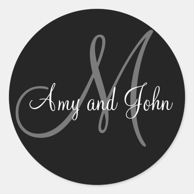 Pegatina Redonda Names & Initial Monogram Wedding Sticker Black (Anverso)
