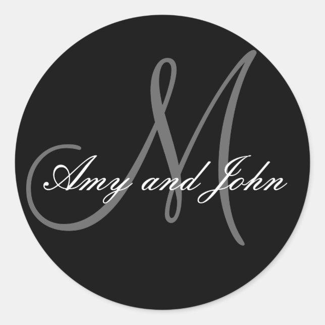 Pegatina Redonda Names & Initial Monogram Wedding Sticker Black (Anverso)