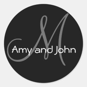 Pegatina Redonda Names & Initial Monogram Wedding Sticker Black