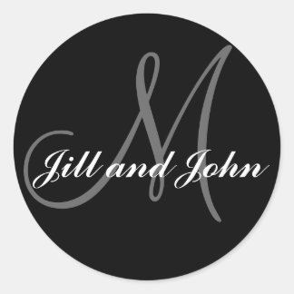 Pegatina Redonda Names & Initial Monogram Wedding Sticker Black