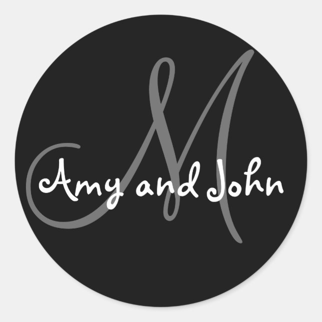 Pegatina Redonda Names & Initial Monogram Wedding Sticker Black (Anverso)