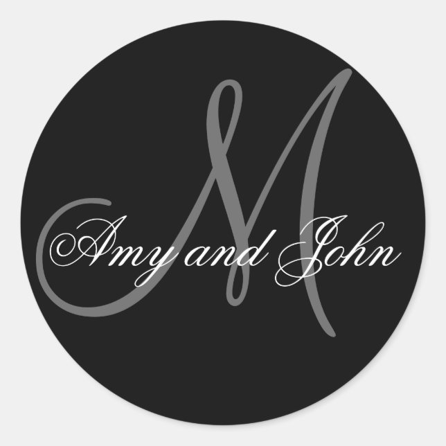 Pegatina Redonda Names & Initial Monogram Wedding Sticker Black (Anverso)
