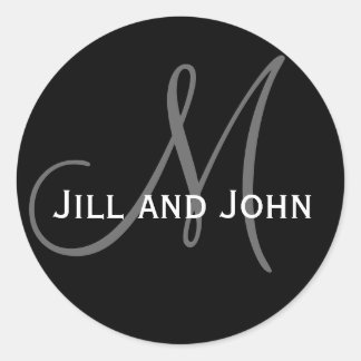 Pegatina Redonda Names & Initial Monogram Wedding Sticker Black