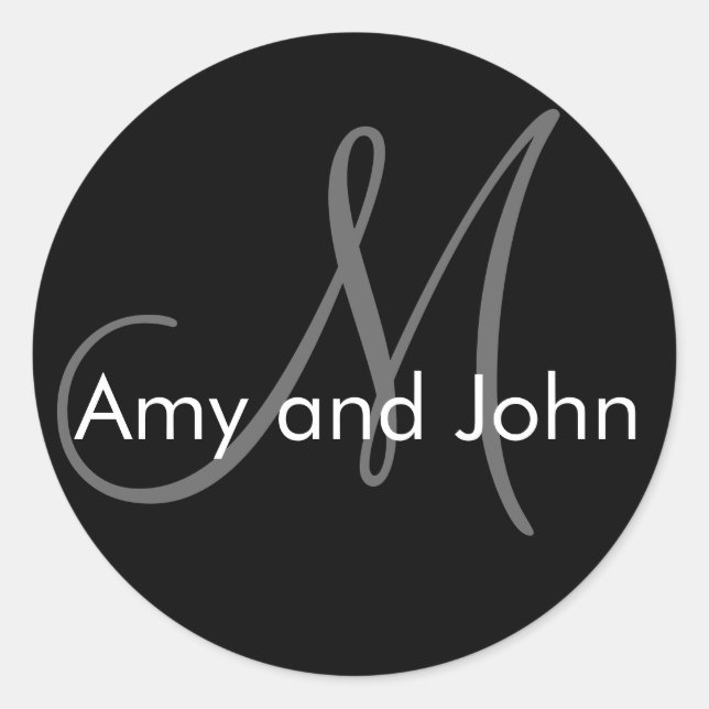 Pegatina Redonda Names & Initial Monogram Wedding Sticker Black (Anverso)