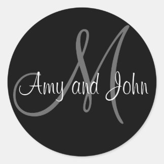 Pegatina Redonda Names & Initial Monogram Wedding Sticker Black