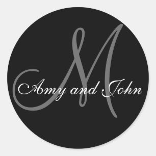 Pegatina Redonda Names & Initial Monogram Wedding Sticker Black