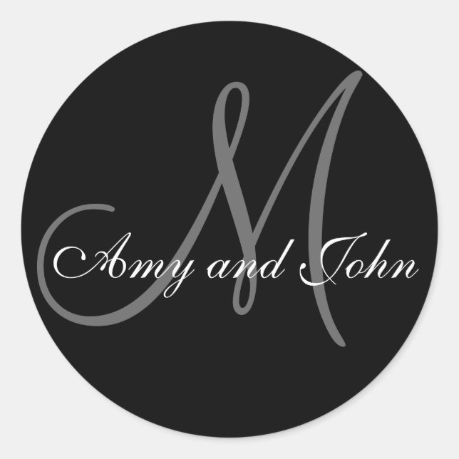 Pegatina Redonda Names & Initial Monogram Wedding Sticker Black (Anverso)