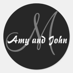 Pegatina Redonda Names & Initial Monogram Wedding Sticker Black