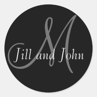 Pegatina Redonda Names & Initial Monogram Wedding Sticker Black