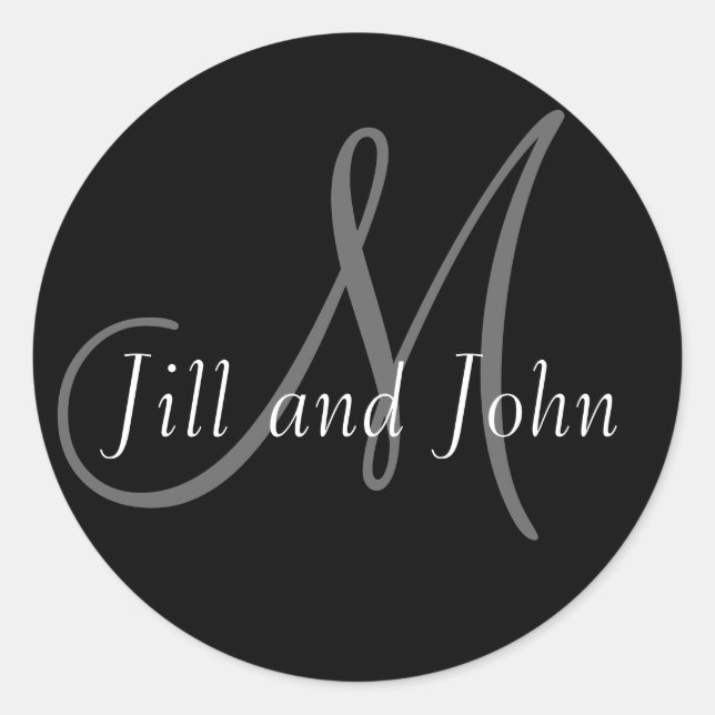 Pegatina Redonda Names & Initial Monogram Wedding Sticker Black (Anverso)