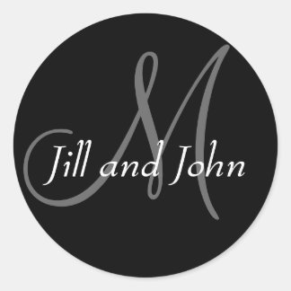 Pegatina Redonda Names & Initial Monogram Wedding Sticker Black