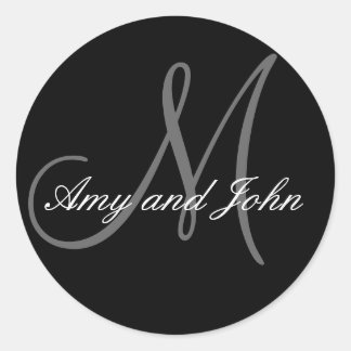 Pegatina Redonda Names & Initial Monogram Wedding Sticker Black