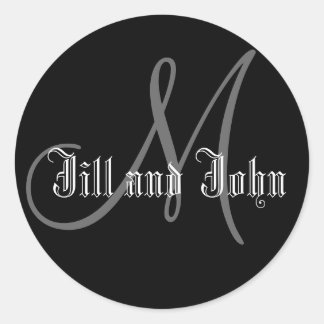 Pegatina Redonda Names & Initial Monogram Wedding Sticker Black