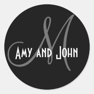Pegatina Redonda Names & Initial Monogram Wedding Sticker Black